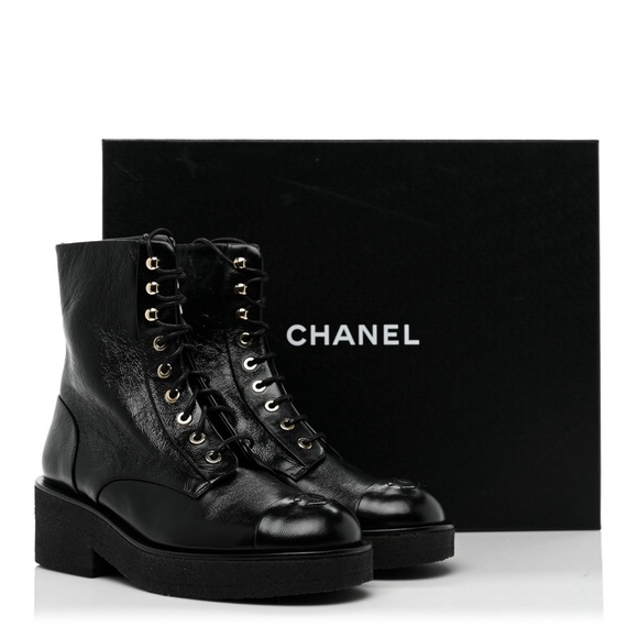 New Chanel Shiny Goatskin Cap Toe Combat Boots 37.5 Black $1850 - Picture 15 of 16
